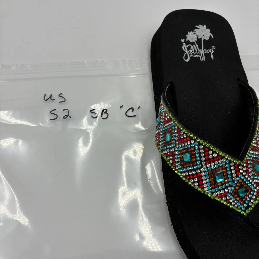 Jellypop Women's Flip Flops Size 9M Embellished Rhinestone Beaded Straps Black‎